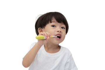 Boy wearing white t-shirt doing tooth brushing by himself .  A boy wearing a white T-shirt is extracting his own tooth..Childcare, cleaning, oral and dental health