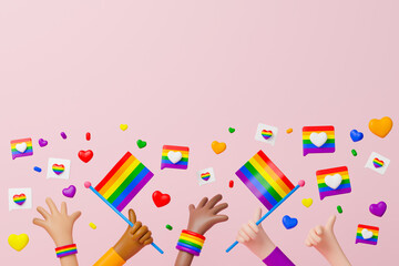 3d rendering pride month illustration with copy space for text or message. Hand of diversity human race with LGBTQ flag, speech bubbles, colorful heart on pink background.