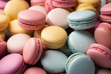 Obraz premium Texture of macarons. Close up colorful macarons dessert. Sweet background