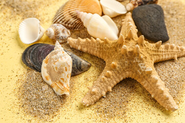 Fototapeta na wymiar Sand with starfish and shells on light yellow background