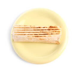 Plate with tasty shawarma on white background