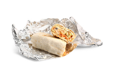 Tasty shawarma with foil on white background
