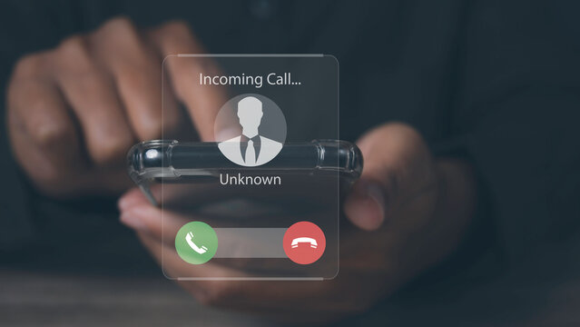 Man answering to incoming from an unknown caller. Phone call from unknown number