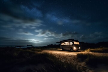Motor home caravan camping car RV driving through a sustainable environmental landscape with starry sky at night or late evening time. Spending time in recreation vehicle nature concept. Generative AI - obrazy, fototapety, plakaty
