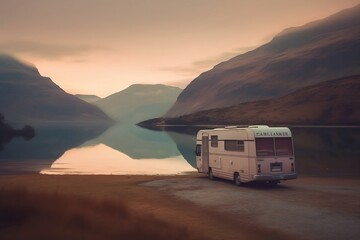 Motor home caravan camping car RV driving through beautiful mountain landscape of rocky hills and pure lake in sunset or sunrise.  Spending time in recreation vehicle van nature concept. Generative AI - obrazy, fototapety, plakaty