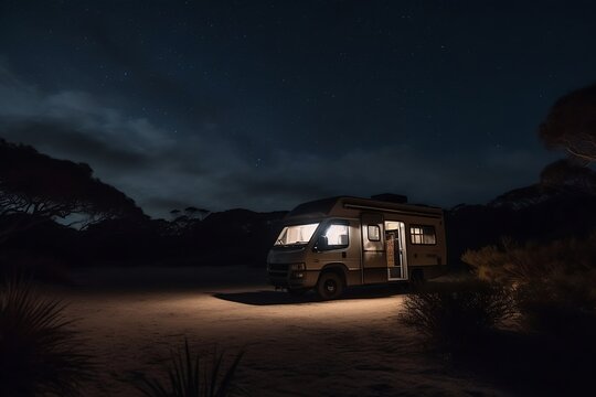 Modern Motor Home Caravan Camping Car RV Through A Sustainable Environmental Landscape With Starry Sky At Night Or Late Evening Time. Spending Time In Recreation Vehicle Nature Concept. Generative AI