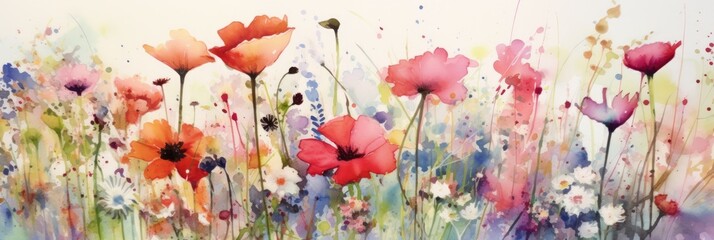 Colorful watercolor abstract flower meadow background. Rainbow wildflower spring wallpaper.	