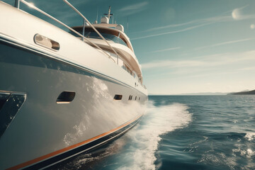 Close-up part of fast luxury white private motor yacht sailing at blue sea ocean waters, used for renting and having good adventure travels. Sailing boat in tropical island. Generative AI Technology