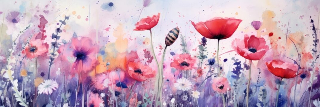 Colorful watercolor abstract flower meadow background. Rainbow wildflower spring wallpaper.	