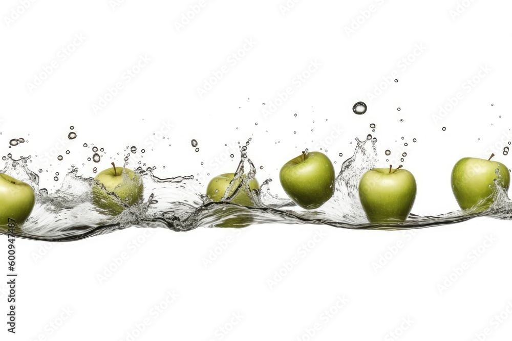Poster green apples dropping into a pool of clear water generative ai