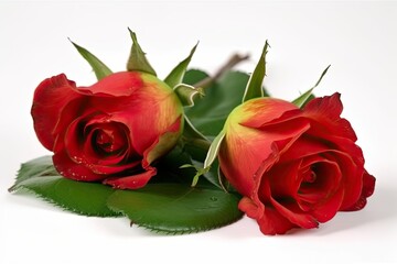two vibrant red roses with lush green leaves on a pristine white background Generative AI
