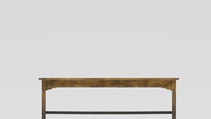 long wooden table isolated on white background in front view.