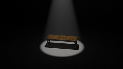 long wooden table isolated on white background in the dark room.