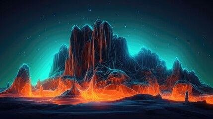 Smoky mountains at night with colorful skies, Neon 3d Landscape inside Metavarse Virtual World creates a magical environment with a heavy neon glow, wallpaper and backgrounds