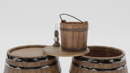 wine barrels and wooden basket isolated on white background.