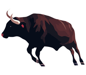 Large horned cattle grazing in rural meadow