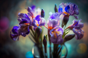 Closeup beautiful Iris flower with violet color, with blur background.	Generative AI