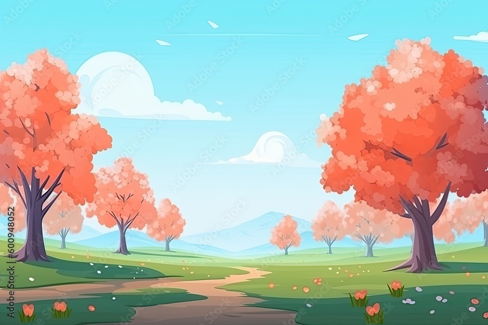 Poster tranquil pathway surrounded by lush trees in a park generative ai