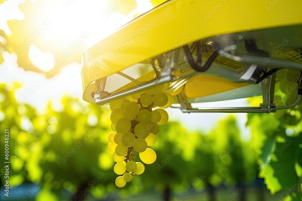 Poster cluster of ripe grapes still attached to the vine generative ai