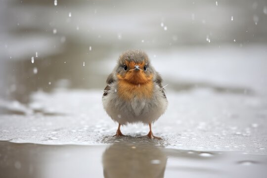 tiny bird perched on a water puddle Generative AI