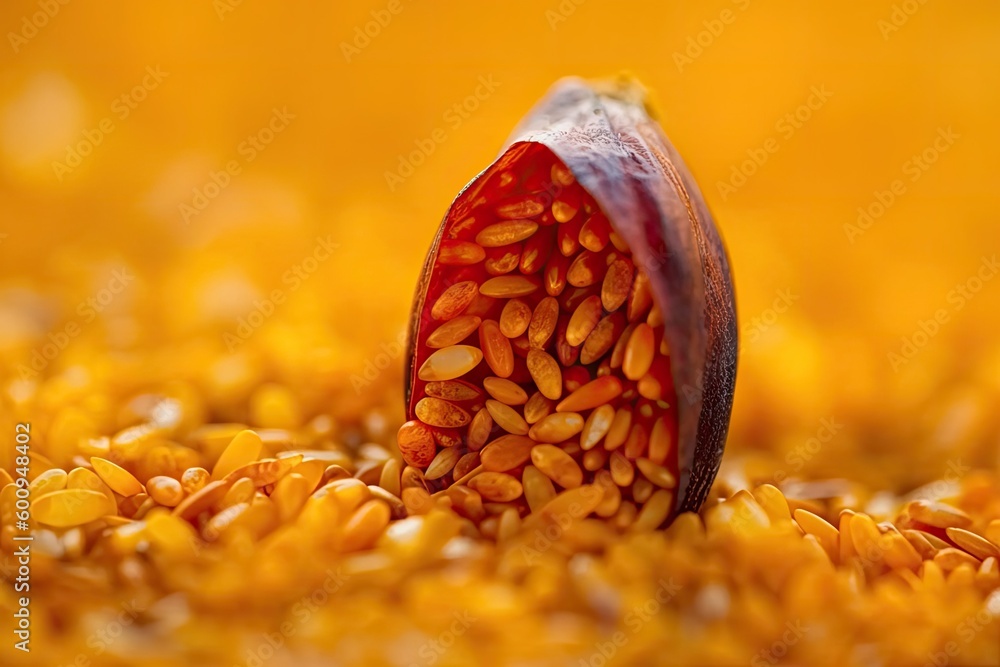 Aufkleber red container filled with seeds on a yellow background generative ai