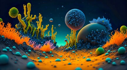 Fototapeta na wymiar Planet of Bacteria. Surreal landscape of bacteria in macro shoot illuminated by a distant star, Generative AI