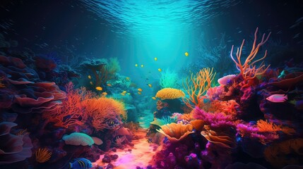 Underwater sea wold with coral, fish and colorful fishes, virtual reality world with Neon 3d Abstract Landscape inside Metaverse world with glowing neon light and glow
