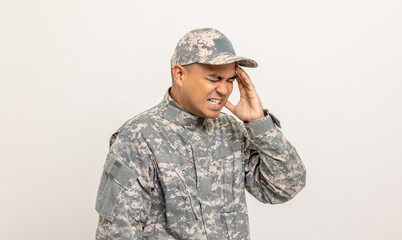 Stressed depressed crying lose war Asian man special forces soldier against on isolated. Commander Army soldier military defender of the nation in uniform standing in studio white background