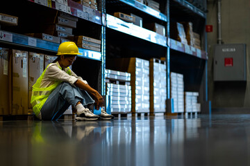 Factory woman worker sit Alone in factory warehouse and look tire and lost job, Depression and anxiety disorder concept.