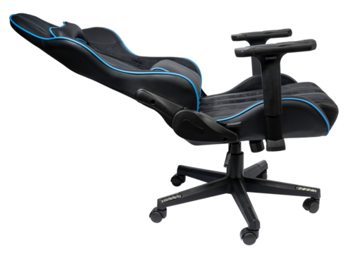 Black and blue leather gaming chair on white background, Office chair with black and blue velvet fabric on white background PNG File.