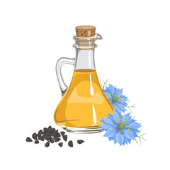 Black cumin seed oil in glass bottle. Vector cartoon illustration of healthy food. Nigella sativa flower and seeds.
