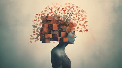 An evocative image embodying mental health issues. It portrays a person with an abstract tree branching out from their head, each leaf symbolizing a thought or emotion. Generative AI