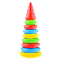 A colored pyramid for a child, isolated on a white background. Educational bright toys for toddlers and babies. The development of motor skills and the study of colors