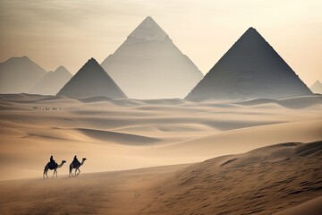 Pyramids of giza with camels. Generative AI.