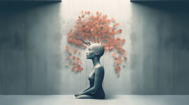 An evocative image embodying mental health issues. It portrays a person with an abstract tree branching out from their head, each leaf symbolizing a thought or emotion. Generative AI