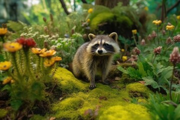 Obraz premium Raccoon in the forest. Generative AI.
