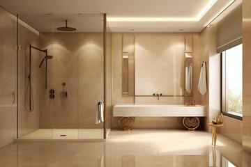 Modern bathroom with furniture. Generative AI.