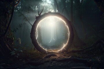 Fototapeta premium 3d render, abstract background with glowing laser ring, crystals under the jungle. Fantasy cosmic landscape. Generative AI.