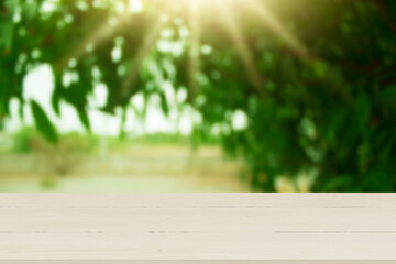 Wooden table top with natural green blurred background or various leaves, fresh bright sunlight, product empty concept.