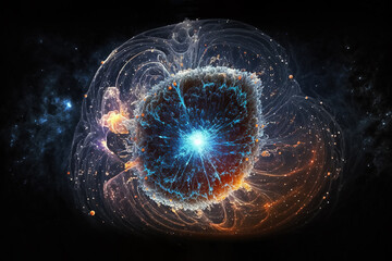Energetic explosion of matter and energy in dark space. Artist’s representation, digital illustration.