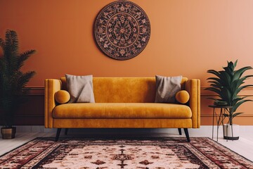 cozy living room with a vibrant yellow couch and a colorful rug Generative AI