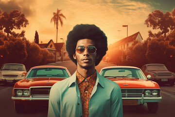 Retro Travel Vibes: 60s Style Fashion and Classic Cars with a Black Man Afro