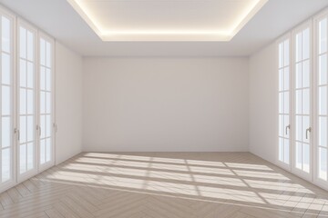 Inside the empty room, Modern Contemporary style, white and light tones, with a ceiling to hide the light. The side windows give it a clean, open look.