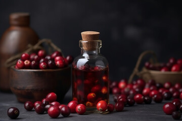 Essential oil extract Cranberry seed into a little bottle  on wooden table. Created with generative AI tools