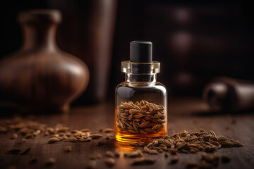 Essential oil of cumin on a wooden rustic background. Created with generative AI tools