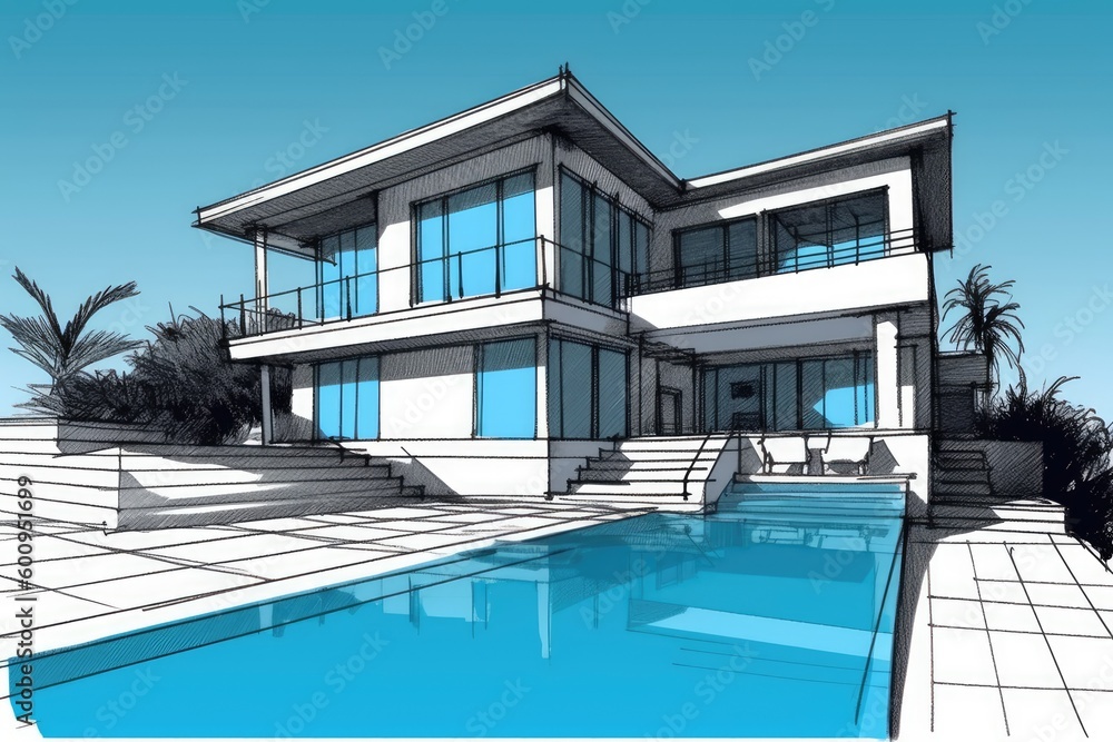 Poster modern house with a luxurious pool in the front yard generative ai