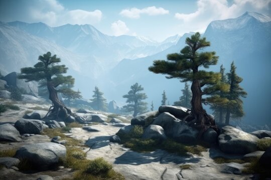 scenic mountain landscape with rocks and trees Generative AI