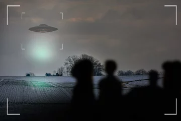 Fotobehang UFO UFO, alien and camcorder on a camera display to record a flying saucer in the sky over area 51. Viewfinder, sighting and conspiracy with a spaceship on a recording device screen outdoor in nature