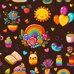 Rainbow items seamless pattern  for bright summer design. Colorful rainbows with flowers, desserts, tea cup, kawaii birds, cute sun. Vector cartoon elements repeated background