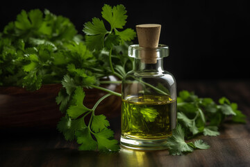 Parsley essential oil extract into a little bottle on the wooden background. Created with generative AI tools